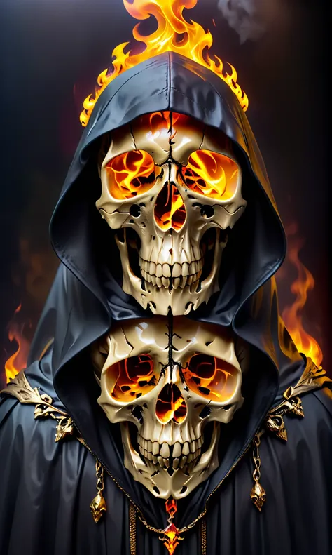 epoxy_skull, A skullish head and a beak" in a hooded cloak made of golden fire; trending on artstation; 90mm!! view from front side; high detail!! anatomically correct!!; 8k! photograph by greg rutkowski; background = dark-uctive cyber