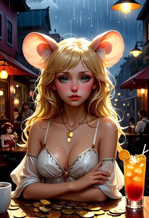 Mucha style , Hallucination, daydream , nightmare , Insane Dream , bokeh , erotica , realistic female mouse , (Cleavage:0.9) , realistic long nose , cafe de oni , Coins, Rubber Bands, and a Reversal of Innocent , Lost Dog and Beat of the Rain , A bad dream...