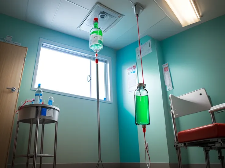 in hospital，ceiling，A close-up of an IV bottle hanging on an IV pole，