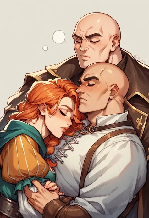 medieval era, big bald strong man piggyback sleeping young pirate ginger haired girl