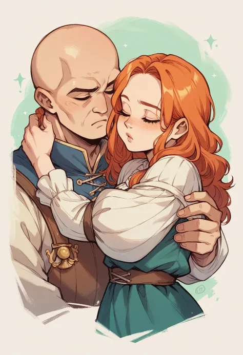 medieval era, big bald strong man piggyback sleeping young pirate ginger haired girl