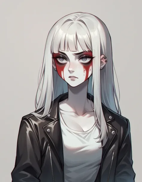 a female character, long hair with trimmed bangs, vermillion hair. The background is greyish white. The characters face is confident, with pale skin and corpse paint. She wears a dark-colored leather jacket with studs. 