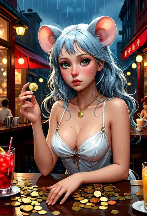 Mucha style , Hallucination, daydream , nightmare , Insane Dream , bokeh , erotica , realistic female mouse , round face , moist eyes , glossy lips , (Cleavage:0.9) , realistic long nose , cafe de oni , Coins, Rubber Bands, and a Reversal of Innocent , Los...