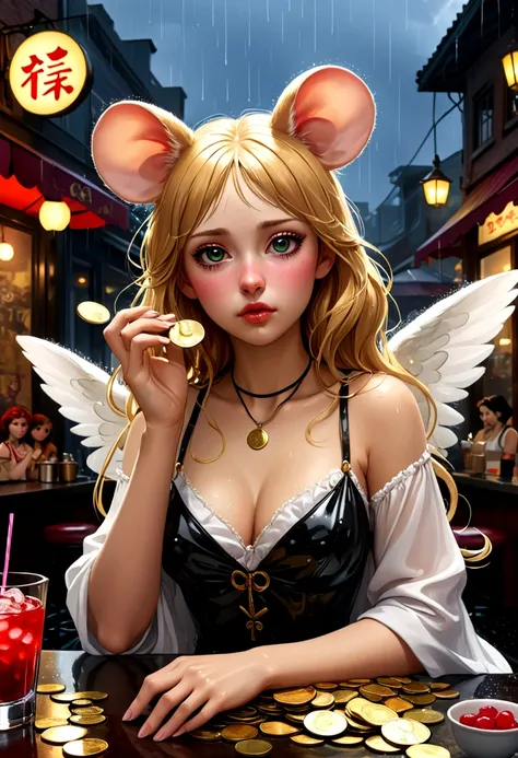 Mucha style , Hallucination, daydream , nightmare , Insane Dream , bokeh , erotica , realistic female mouse , round face , moist eyes , glossy lips , (Cleavage:0.9) , realistic long nose , cafe de oni , Coins, Rubber Bands, and a Reversal of Innocent , Los...