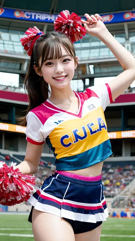 A beautiful cheerleader in a vibrant cheerleading uniform with pom-poms, performing a cheer routine in a stadium, smiling energetically.