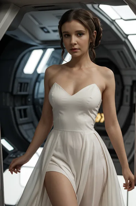 Princess Leia, in millenium Falcon, with white dress