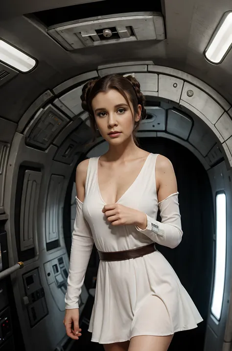 Princess Leia, in millenium Falcon, with white dress