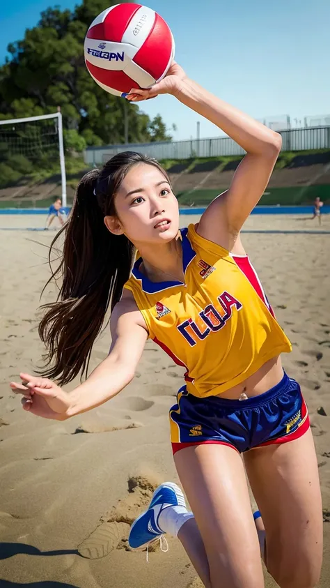 A stunning volleyball player in action, wearing a team jersey and shorts, jumping to spike the ball on a sandy beach court, with an intense expression.