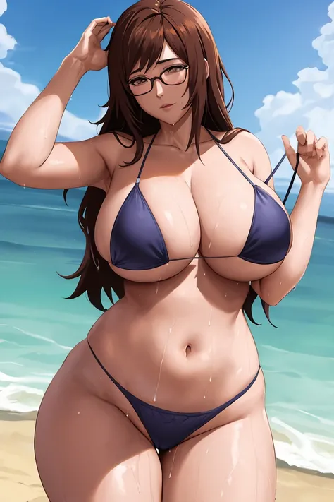 Mei terumi, naruto shippuden, lingerie, thin bikini, thick thighs, posing, beach,  brown Hair, busty, wide hips, big breasts , naughty, solo, wet, milf