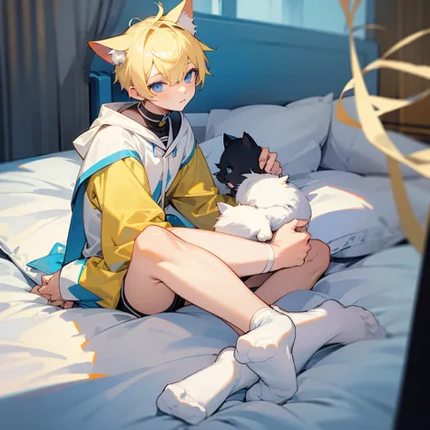 Yellow short hair blue eyes white socks 1boy, cat ears,  on bed 