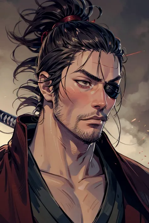 samurai with a blind eye and wearing an eye patch:2.0、highly detailed face、beautiful and detailed eyes、beautiful and detailed li...