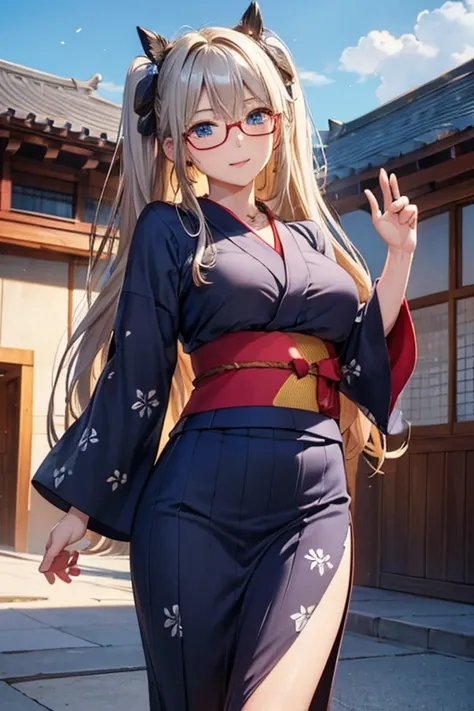 #Basics A girl is posing for a photo, animeのかわいい女の子, (((One Girl, Baby Face, 16 years old))), 
BREAK 

#Clothing Accessories 
(Navy blue yukata : Rainbow motif pattern + Red band + Long sleeve + Wide sleeves, geta, Black Frame Glasses, fan), 
(big silver n...