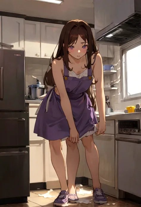 Standing doggy style, Cum in pussy, kitchen, Naked Apron, 17 years old, Girl, Brown Hair, Purple Eyes, long hair