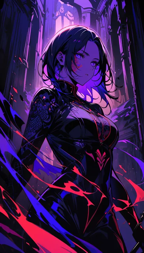 Detailed portrait of a female assassin in a dark fantasy background, With long flowing black and purple hair, Tattoo on face, Dazzling blue eyes that emanate a sense of danger [delicate eyes, Dazzling blue:1.1], wearing a sleek black leather suit [black le...