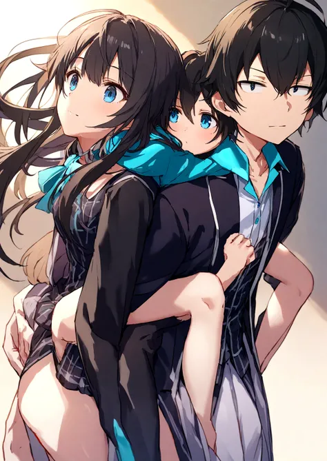 Yukino Yukinoshita Backless Hachiman,  Blue eyes black long hair piggyback,   