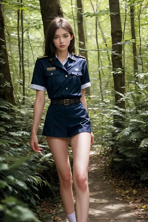 (best quality,realistic,ultra-detailed),a two sexy and slim 18-year-old French brunette woman in short uniform, visible legs, forest