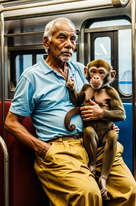  A old man with monkey in train