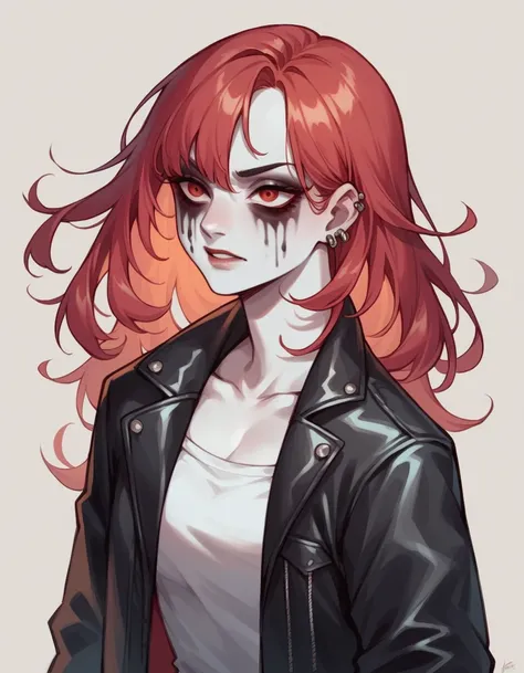 a female character, long hair with trimmed bangs, red colored hair. The background is greyish white. The characters face is confident, with pale skin and corpse paint. She wears a dark-colored leather jacket with studs. 