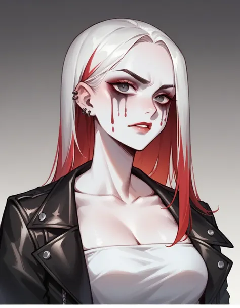 a female character, long hair with trimmed bangs, red colored hair. The background is greyish white. The characters face is confident, with pale skin and corpse paint. She wears a dark-colored leather jacket with studs. 