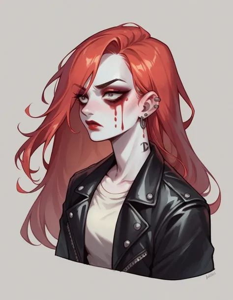 a female character, long hair with trimmed bangs, red colored hair. The background is greyish white. The characters face is confident, with pale skin and corpse paint. She wears a dark-colored leather jacket with studs. 