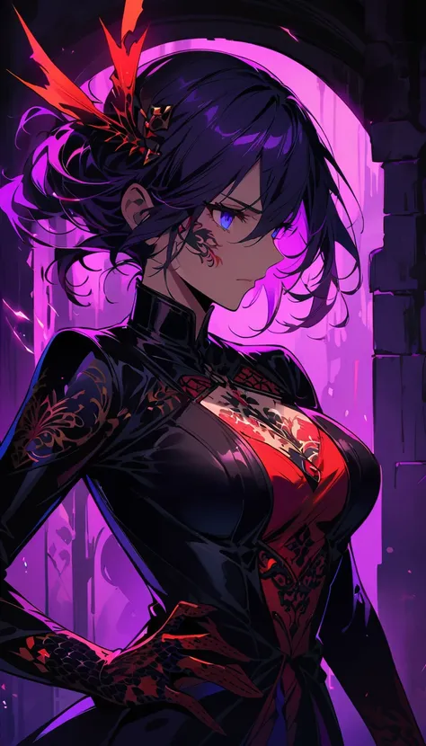 Detailed portrait of a female assassin in a dark fantasy background, With long flowing black and purple hair, Tattoo on face, Dazzling blue eyes that emanate a sense of danger [delicate eyes, Dazzling blue:1.1], wearing a sleek black leather suit [black le...