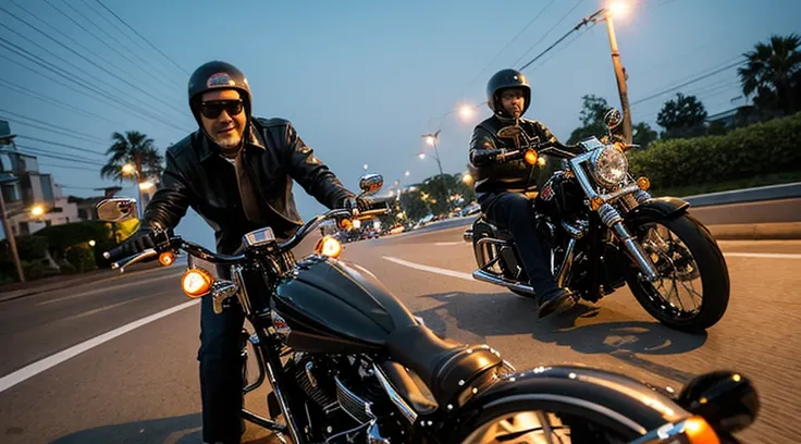 evening、A low-angle view of a middle-aged man riding alongside another man on a Harley Davidson with chopper handlebars。