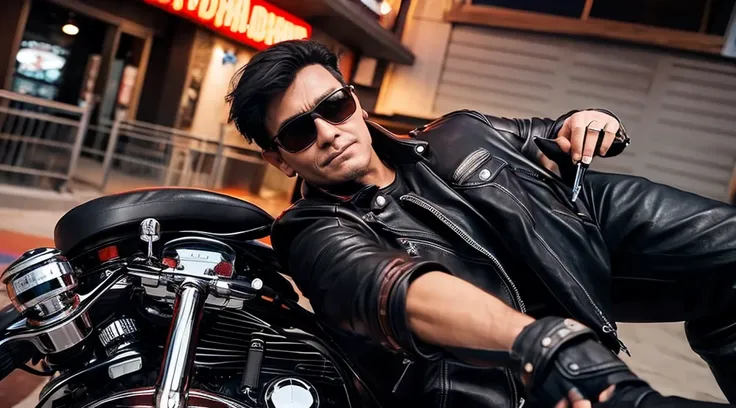 evening、A low-angle view of a middle-aged man wearing a leather jacket riding alongside another man on a Harley Davidson chopper。In anime style