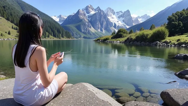 Draw a picture of a young Asian girl, 30 years old meditating in the left corner of the photo, around mountains and rivers. Photorealistic photos, High definition, Close, turn your back to the camera