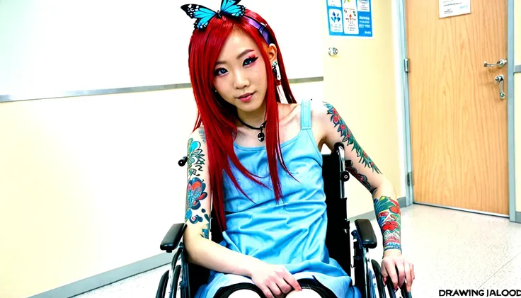 Uhd, photo of Cami, subject: Noriko, 1/2 Japanese 1/2 Hainu skinny girl with long red hair in a 2/00 large wheelchair, blue+++ eyes, oval face, LGBTQIA+, queer, punk style, dressed in colors, buttefly hairclip, tattooes. She is in the hospital, ((having I....