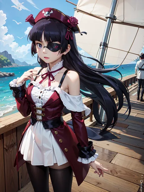 (eye patch), one girl, hime cut, (ruri gokou), against the backdrop of rough seas、female pirate captain standing strong on the d...