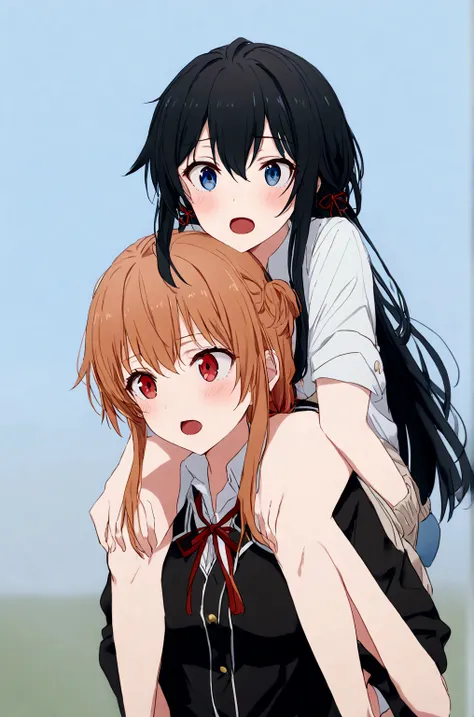 2 grils yuigahama giving yukino yukinoshita piggyback ride, yukinoshita yukino in the bottom blue eyes black long hair piggyback...