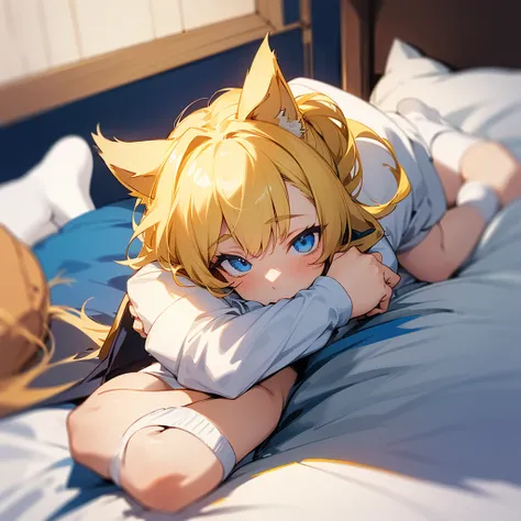 A boy on bed have yellow blonde hair blue eyes cat ears white socks