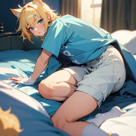 A boy on bed have yellow blonde hair blue eyes cat ears white socks