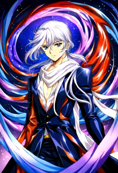 Personagem masculino com cabelo azul e cachecol vermelho, Obra de arte, melhor qualidade, very aesthetic, absurdos