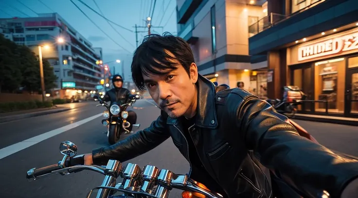 evening、A low angle view of a middle-aged man wearing a leather jacket riding a Harley Davidson with chopper handlebars。Two people riding together。In anime style。