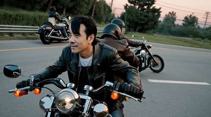 evening、A low angle view of a middle-aged man wearing a leather jacket riding a Harley Davidson with chopper handlebars。Two people riding together。In anime style。