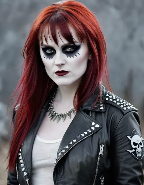 a female character, long hair with trimmed bangs, red colored hair. The background is greyish white. The characters face is confident, with pale skin and corpse paint. She wears a dark-colored leather jacket with studs. 