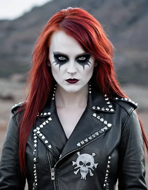 a female character, long hair with trimmed bangs, red colored hair. The background is greyish white. The characters face is confident, with pale skin and corpse paint. She wears a dark-colored leather jacket with studs. 