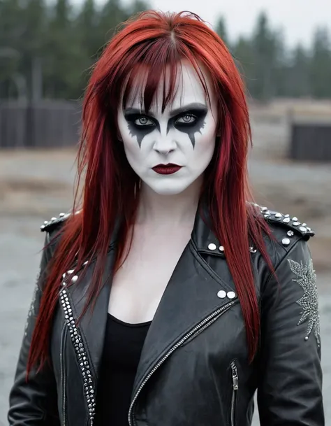 a female character, long hair with trimmed bangs, red colored hair. The background is greyish white. The characters face is confident, with pale skin and corpse paint. She wears a dark-colored leather jacket with studs. 