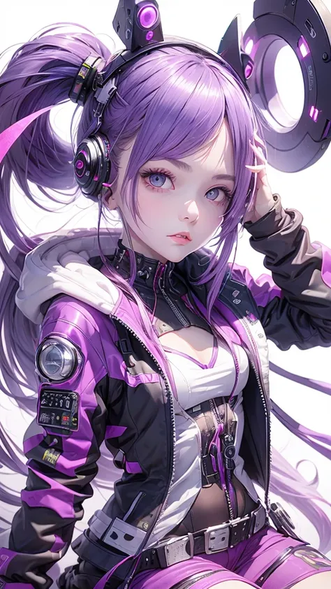 girl, long soft purple hair, gray eyes, sharp features, headphone, white skin, smooth and delicate, cherry lips, jacket cyberpun...