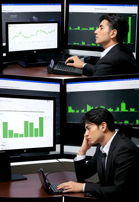 There is a man crying sitting at a table with two computer monitors, sentado em um computador, sentado em frente ao computador, olhando para o monitor, displaying stock charts, sentado em uma mesa de computador, na frente de um computador, negotiation, neg...