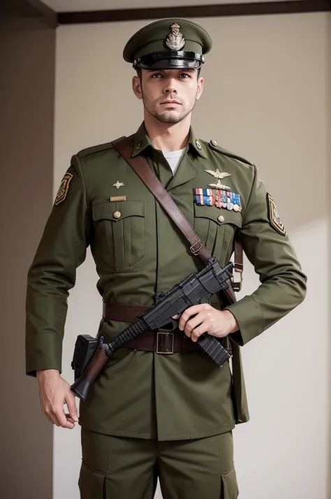 Homem branco usando roupa militar e arma longa
