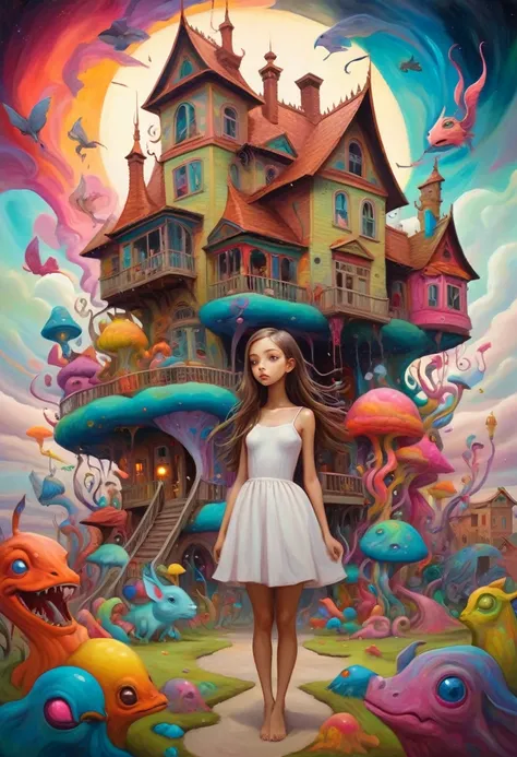 Vibrant surrealism in the style of Tony Sandoval, A stunning girl amidst an enormous house filled with fantastical and colorful beings, each contributing to a mesmerizing dreamscape.