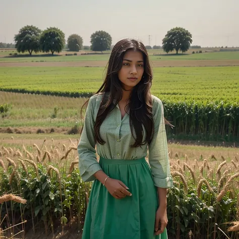 a girl with not very long hair wearing punjabi style clothes in  Punjab in the field of green wheat