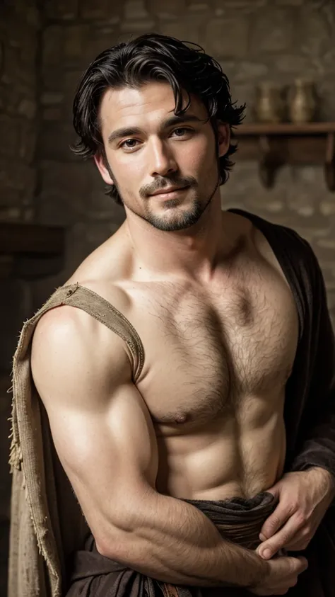 A sexy man, 15th centuries ,wearing old and worn-out peasant clothes, handsome face, mediaeval period,black hair , homoerotic,   , looking at camera, seductively, realistic photo 