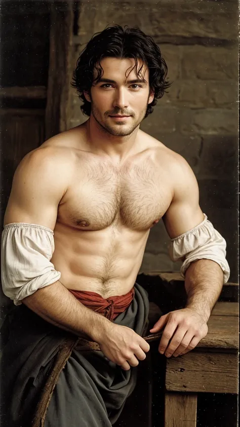 A sexy man, 15th centuries ,wearing old and worn-out peasant clothes, handsome face, mediaeval period,black hair , homoerotic,   , looking at camera, seductively, realistic photo 