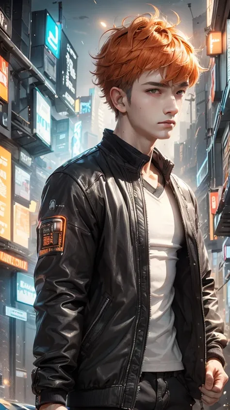 boy, short soft orange hair, gray eyes, sharp features, headphone, white skin, smooth and delicate, cherry lips, jacket cyberpun...