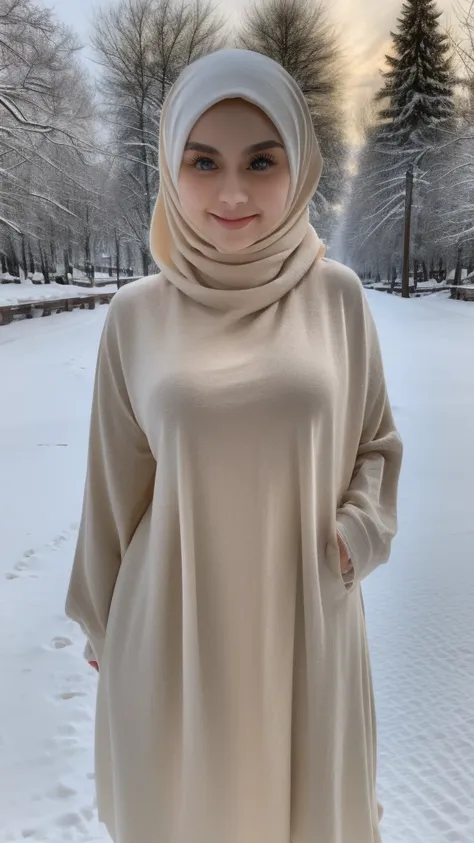 a beautiful girl wearing a hijab, a warm sweater, walking in the snow, detailed realistic face, photorealistic, 8k, highly detai...