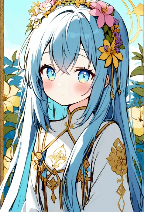 1girl, solo, upper body, azure hair, azure eyes, flowers, flower hairband, goddess, , very long hair, golden embroidery, white dress, fantasy dress, LoRAcomtest1, Azusa(blue archive), (kawaii), (adorable), ((cutie)), ((imouto)), (soft),