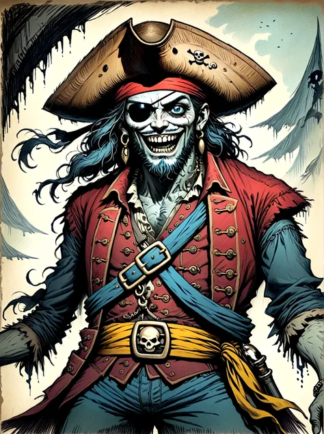 a pirate captain with a straw hat who has wide joyous eyes and over-expressive facial features. he is surrounded by a gloomy and...